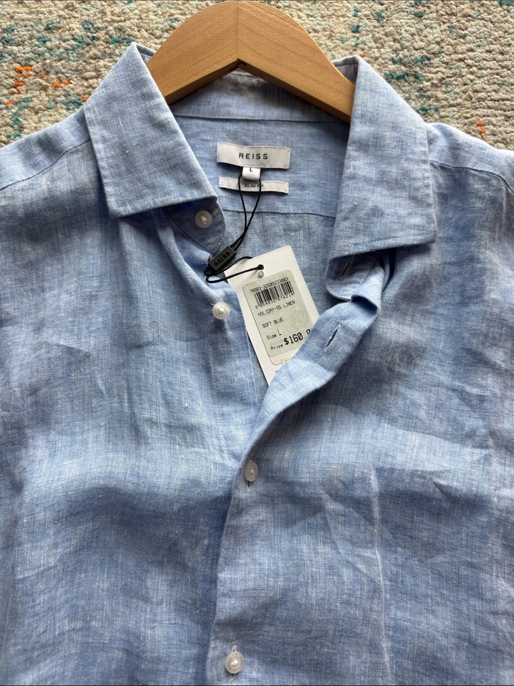 Reiss Men’s Linen Short Sleeve Shirt – Soft Blue – Size L SLIM FIT NWT